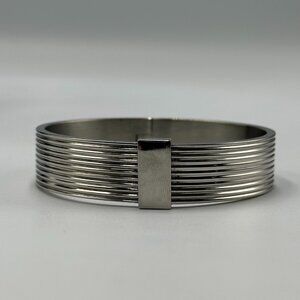 Stainless Steel Bangle Bracelet Ribbed Textured Hinged Modern Unisex 7.75"